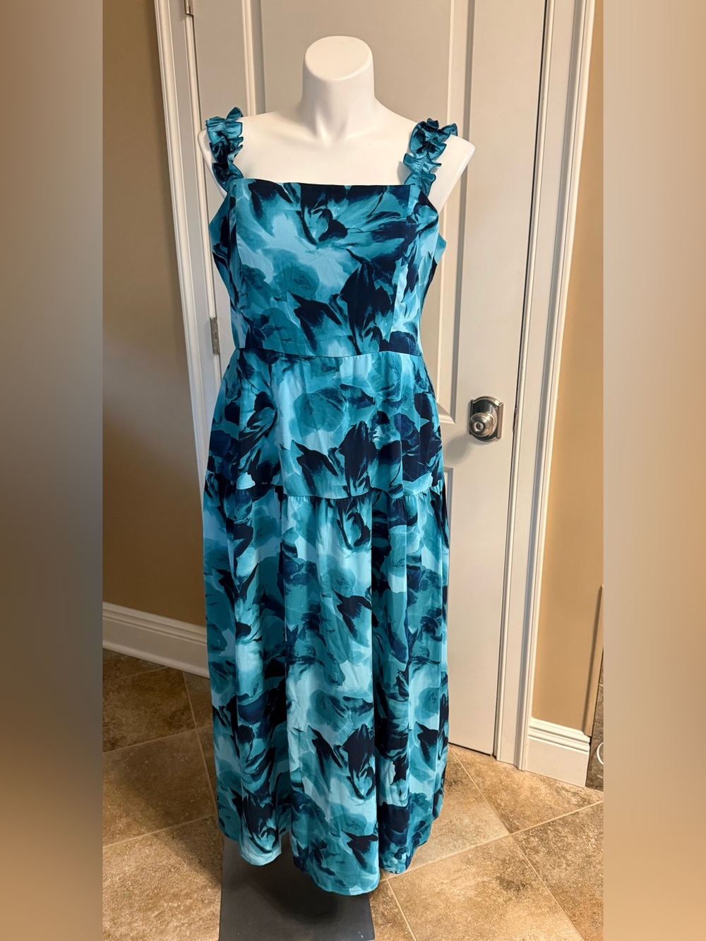 Women's Floral Teal Maxi Dress with Ruffle Shoulder Straps